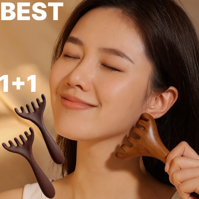 Aila 갈고리 두피 케어 전신 얼굴 마사지 림프 순환 쿨링 괄사 1+1, 우드, 2세트