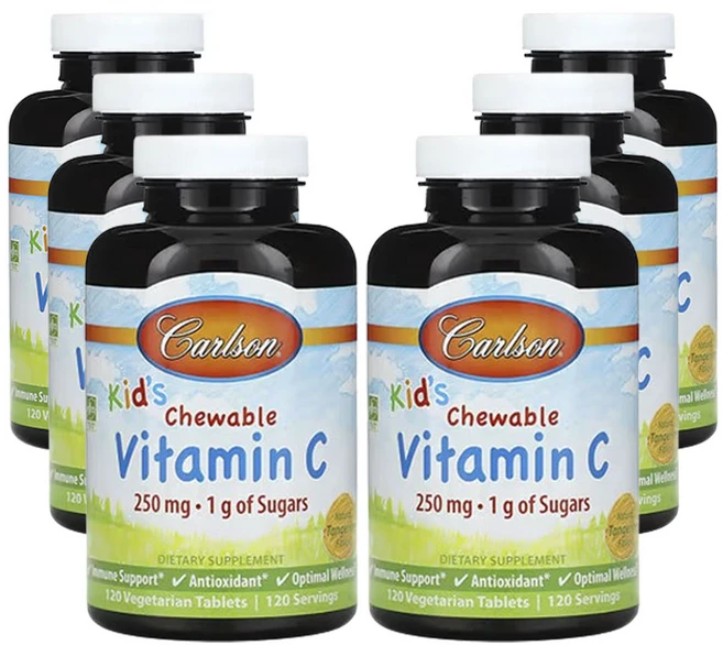 칼슨 어린이용 츄어블 비타민C 천연 귤 맛 250mg 120베지정제, 6개, 120정 - 쿠팡