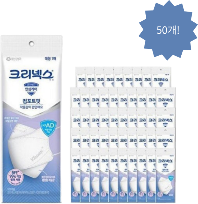 크리넥스 비말차단 에어마스크 대형 KFAD, 1개입, 50개, ALL WHITE(화이트)