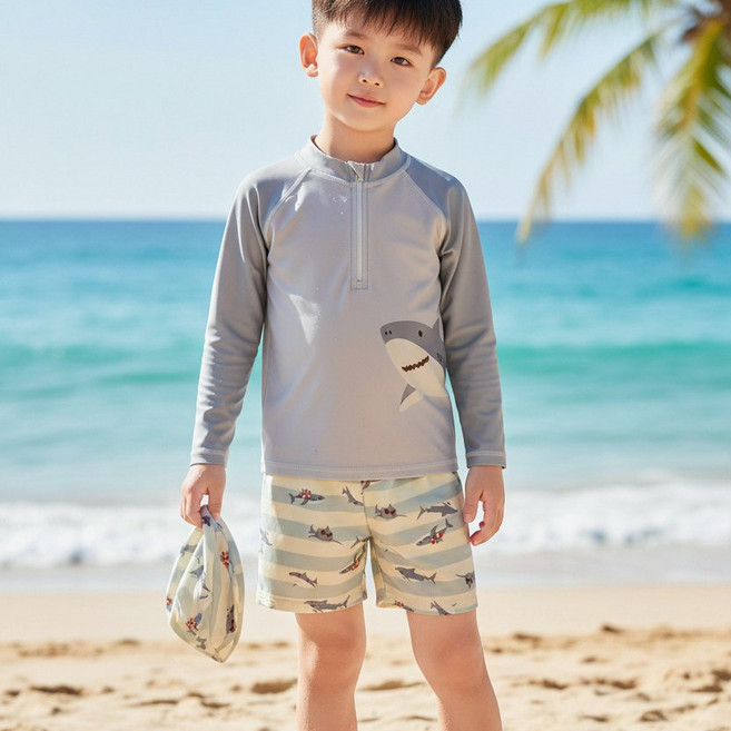 달콩슈 남아용 수영복 래쉬가드 3종 세트 긴팔 상의 반바지 DSW614