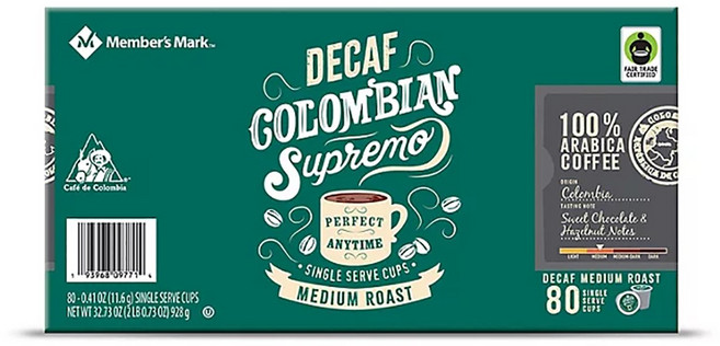 Member's Mark 디카페인 콜롬비안 큐리그 커피캡슐 80캡슐 Decaffeinated Colombian Coffee, 11.6g, 1개, 80개입