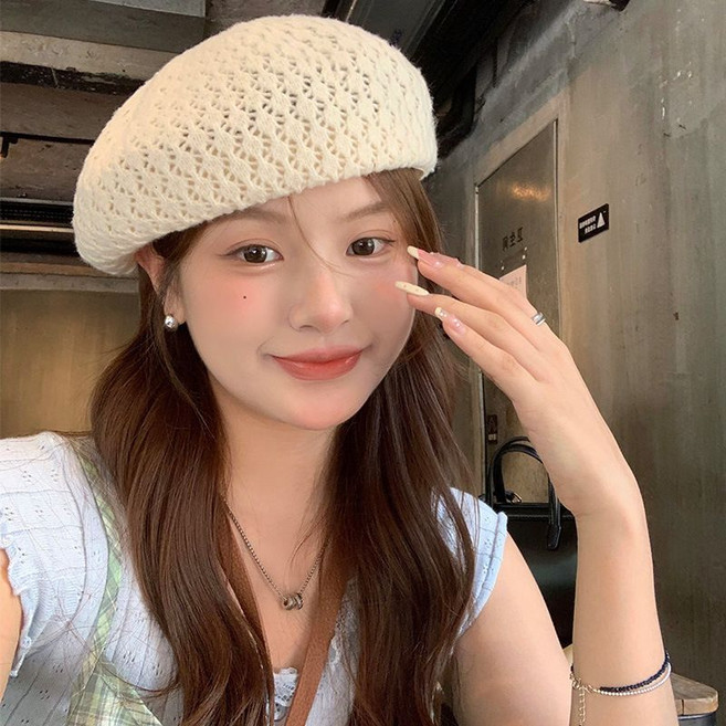 패션 여성 펀칭 니트 베레모 봄 가을 얼굴 작은 모자 여자 데일리 화가 모자 LT