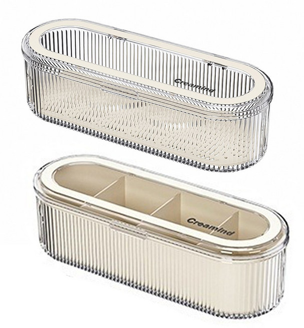 분리판 투명 뚜껑 및 수납공간이 있는 메이크업 브러쉬 홀더 및 뷰티 블렌더 정리 케이스 - 메이크업 브러쉬 스펀지 화장품용 - 화장대용 방진 데스크탑 보관함 여행용, 1세트, Beige