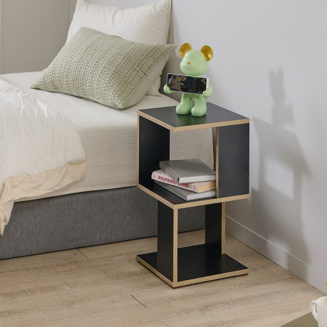 브루노 레미 원목 협탁 낮은 미니 협탁 침대사이드 테이블, 2단, 블랙