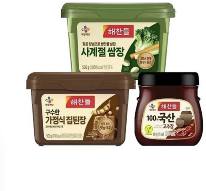 해찬들 국산 고추장 500g x1개+구수한 집된장 500g x1개+사계절 쌈장 500g x1개 -, 1개