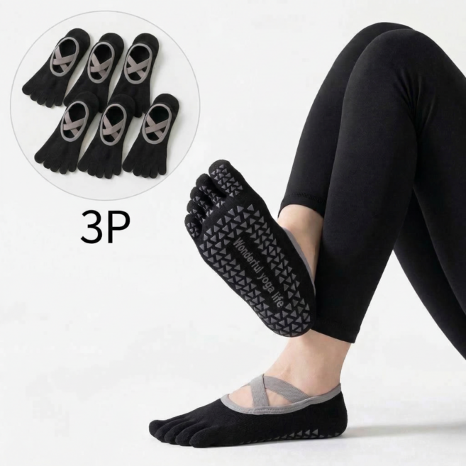 상덕 요가 양말 발가락 양말 3P 세트 미끄럼 방지 크로스 밴드 필라테스 양말 여성 운동 양말