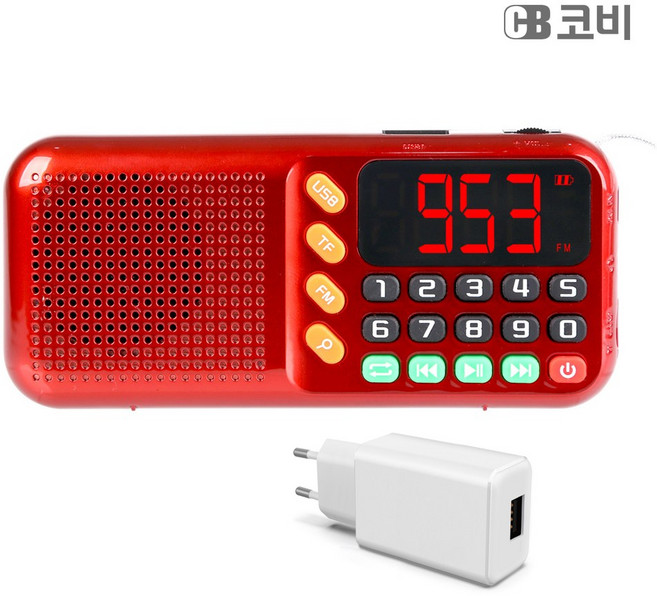 코비 휴대용 미니 효도 라디오 HYO88 + 충전 어댑터, 레드