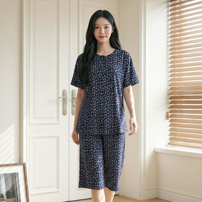 여성 냉감 반팔 7부 잠옷 세트 플라워 냉장고 파자마 홈웨어 상하의