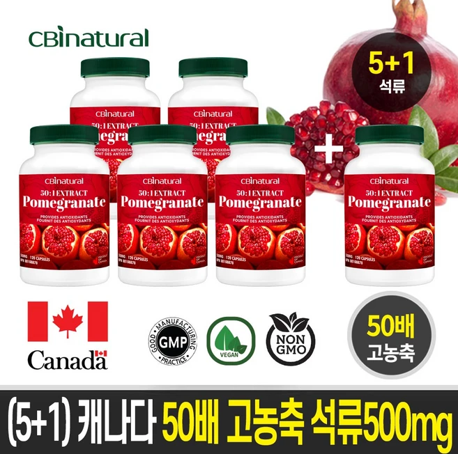 (5+1)50배 농축 석류 500mg 120캡슐/캐나다 생산/캐나다 생산 직발송/캐나다식약청 GMP NPN인증, 120정, 6개 - 쿠팡