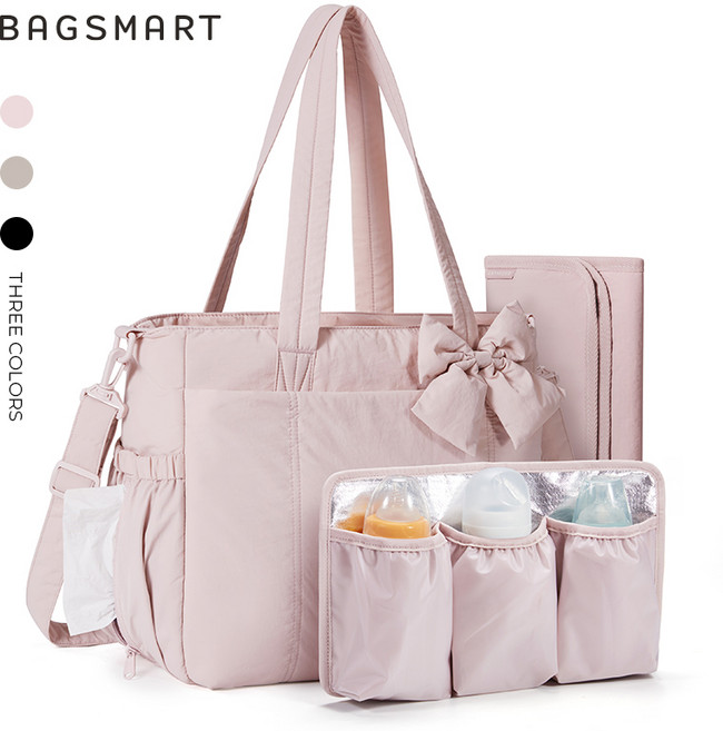 BAGSMART 기저귀가방 토트백 대용량 방수 육아가방, 012핑크