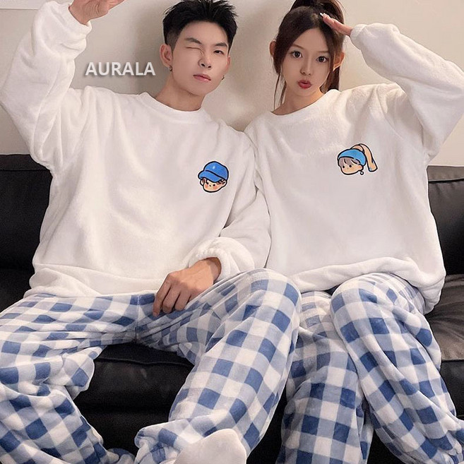 AURALA 커플용 겨울 극세사 수면 잠옷 상하의 세트 커플 루즈핏 기모 파자마 홈웨어세트