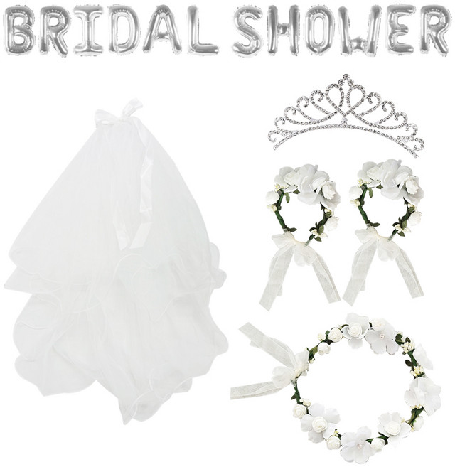 브라이덜 샤워 소품 웨딩 베일 면사포 화관 꽃팔찌 왕관 티아라 은박풍선 파티소품 셀프웨딩, 브라이덜샤워 세트(실버)