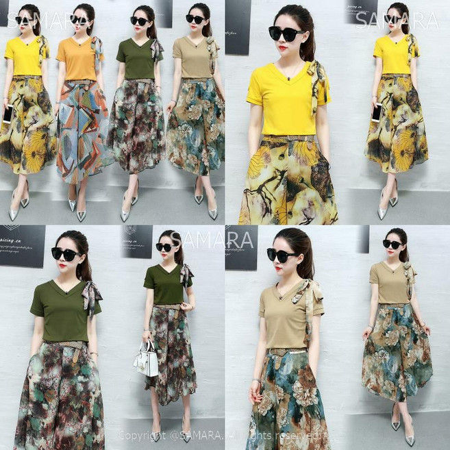 리우씨앤씨 치마바지 와이드팬츠 반팔티 쉬폰 투피스 여름세트