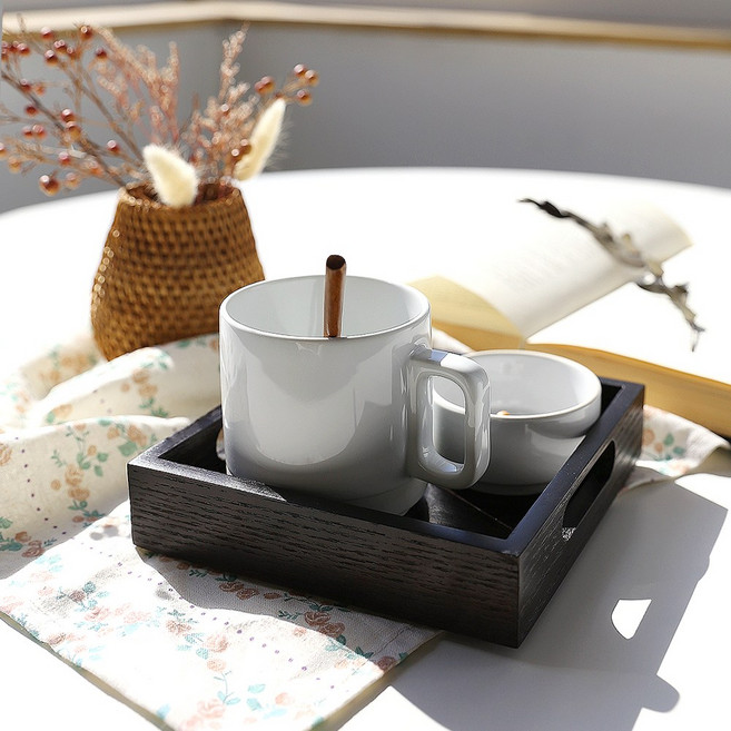 모던 우드 손잡이 카페 트레이, 브라운블랙, 1개