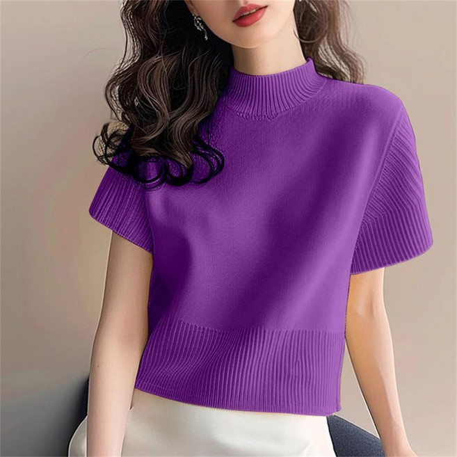 Vezri 여성 봄 여름 솔리드 반폴라 반팔 니트 티셔츠 심플 디자인