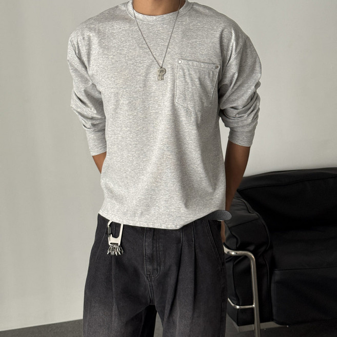 [당일발송] 남자크롭긴팔 세미머슬핏 포켓 리벳