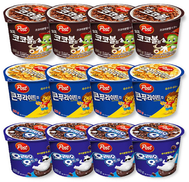 포스트 컵 시리얼 3종 세트(오레오 오즈코코볼콘푸라이트)x4개씩, 1세트