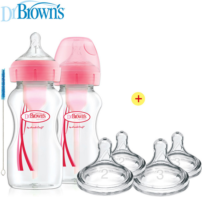 닥터브라운 와이드넥 옵션스 플러스 젖병(1단계 2단계 3단계 젖꼭지 드림), 2개, 270ml, 핑크
