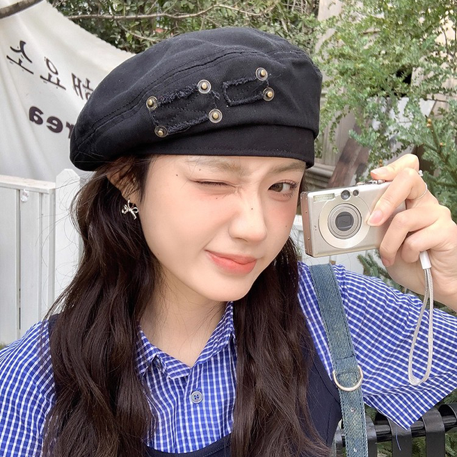 여성 빈티지 워싱 데님 베레모 미니 포켓 디자인 빵모자 화가모자