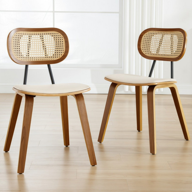 Dayalane 식탁의자 라탄 등받이 가죽 원목의자 카페 인테리어 편한 의자, 2개, 베이지