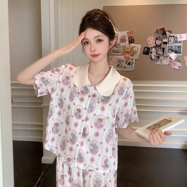 甜美條紋蝴蝶結印花睡衣套裝 短袖長褲家居服