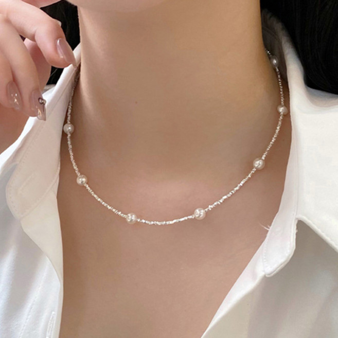 티큐 심플 클래식 미니멀 사각 큐브 체인 진주 초커 목걸이 A2018