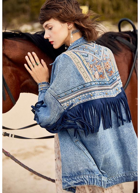 프리미엄 여성 오버핏 청자켓 태슬 자수 징 데님 자켓 연청 그레이