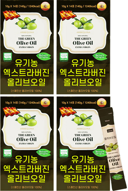 유기농 올리브오일 스틱형 냉압착 엑스트라버진 개별포장 생으로 아침에 먹는 oliveoil 스페인 haccp 식약청 인증, 4박스, 140g