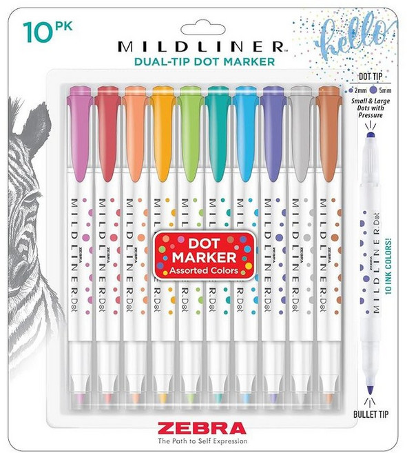 Zebra Pen Mildliner 듀얼 팁 도트 스탬프 마커 수성 안료 잉크 작고 큰 글머리 기호 및 점 만들기 5가지 다양한 색상 저널 불렛 목록에 이상적 5팩(7, 10개 모듬