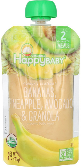 Happy Family Organics Baby® 유기농 이유식 생후 6개월 이상 바나나 파인애플 아보카도 및 그래놀라 113g(4oz) Organics (해피, Happy Family Organics, Baby®,, 1