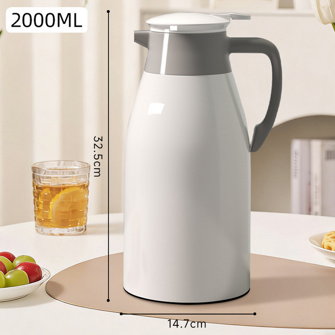 1000ml 保溫水壺 按壓式 玻璃內膽 熱水瓶, 1個, 象牙白2.0升防塵款+加厚內膽+長效保溫