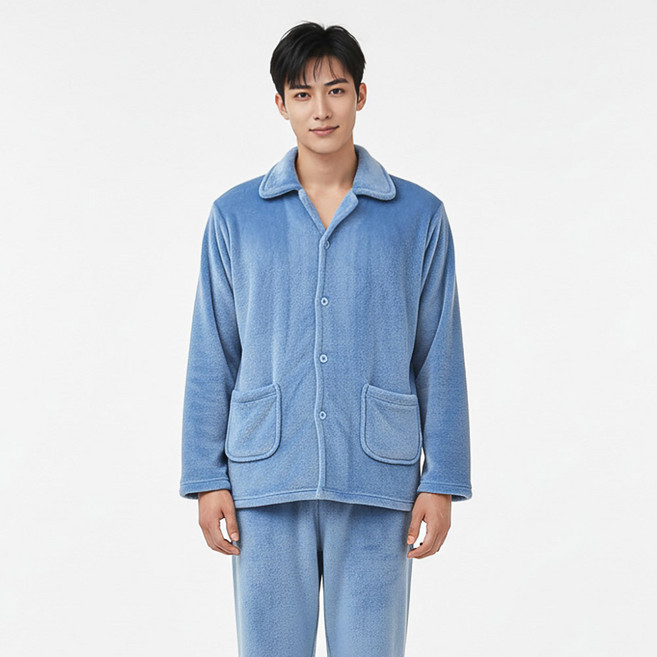 이브바바 남성 밍크극세사 무지 카라 수면잠옷 세트