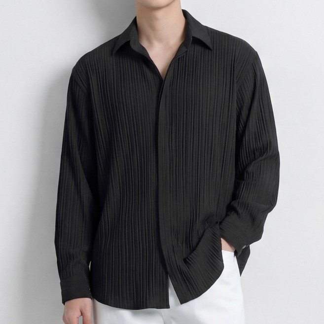 루크 남성 봄여름 루즈핏 엠보 긴팔 셔츠 남자 사계절 캐주얼 정장 남방 오버핏 빅사이즈 이너 카라 티셔츠