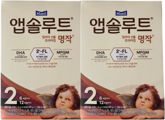매일유업 앱솔루트 명작 2FL (HMO) 분유 스틱 2단계(6~12개월) 14g 20포 2개(총 40포), 2개