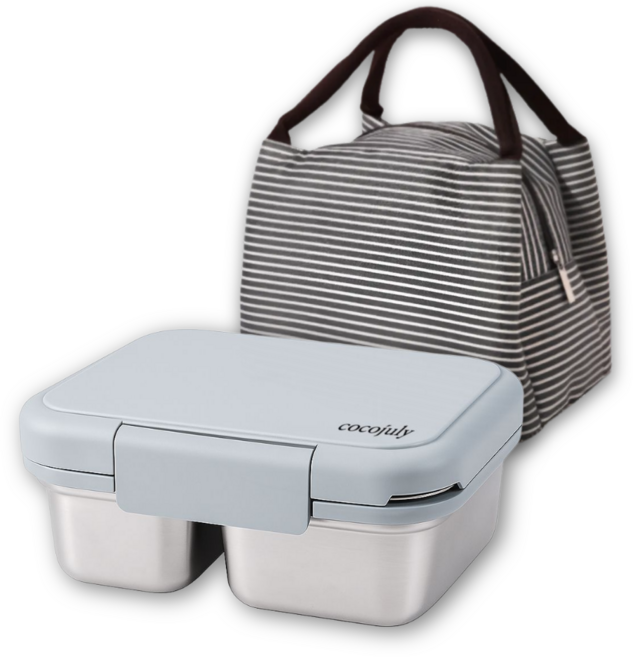 코코줄라이 2구 플립 스텐도시락통 + 보온보냉 도시락 가방, 1세트, 그레이