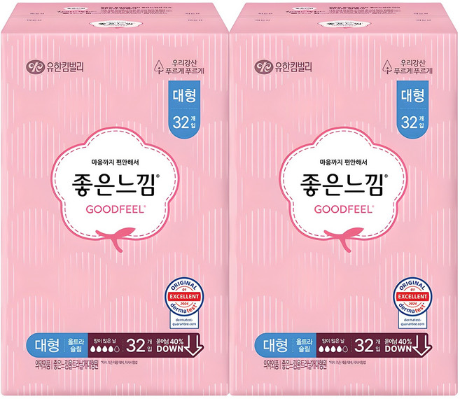 좋은느낌 에어핏 쿠션 울트라 슬림 생리대 날개형, 대형, 32개입, 2개