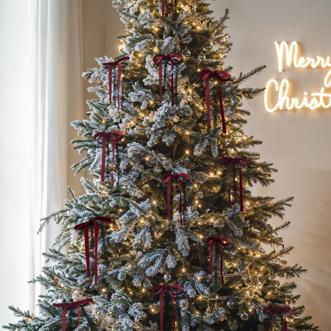 알루이 벨벳 트리 리본 크리스마스트리 장식 오너먼트, 24개입, 와인