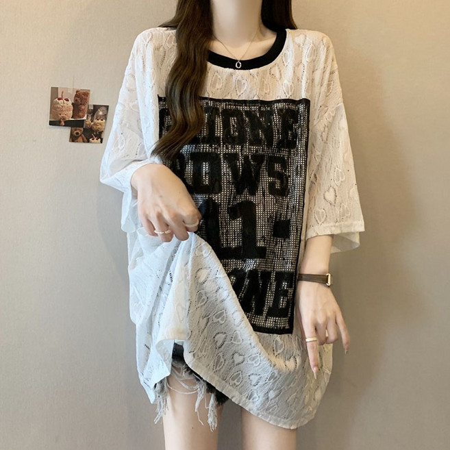 플러스사이즈 스타더스트 레이스 반팔 티셔츠 슬림 실루엣 체형 커버 우아한 레이스 프린트로 트렌디한 데일리 반팔