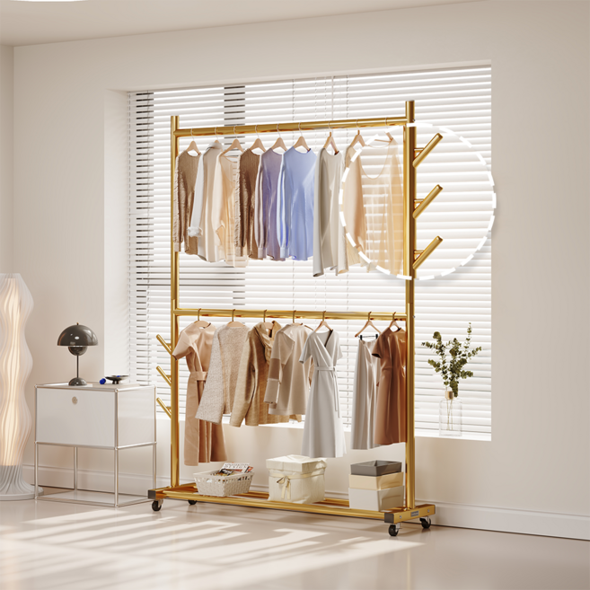 UniNest 철제 보강프레임 2단 튼튼한 이동식 스탠드 행거, 모던 골드