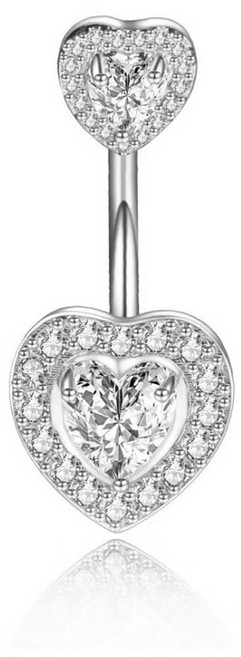 N1 雙愛心肚臍環 鑲鑽鋯石肚臍釘 醫用不鏽鋼飾品, 現貨-鋼色白鑽,6mm, 1個