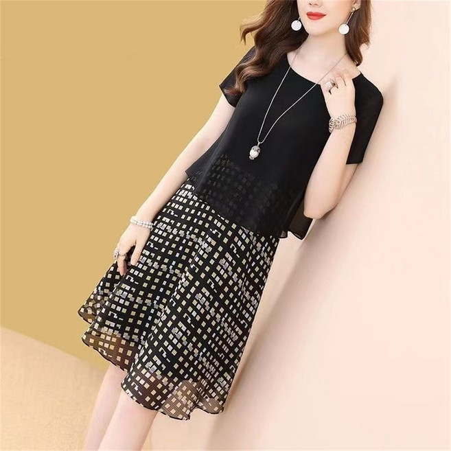 besteffie 여성 여름 시폰 원피스 심플 패션 넉넉한 비치드레스 프린트 패턴 통기성 좋은 중년여성 옷 K92