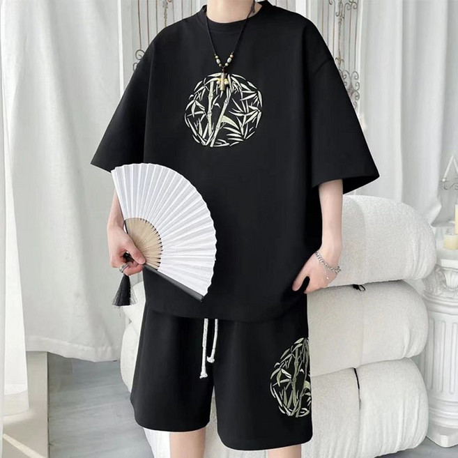 빅 사이즈 남자 세트 여름 캐주얼 빈티지 복고풍 반팔 반바지 상하의 세트
