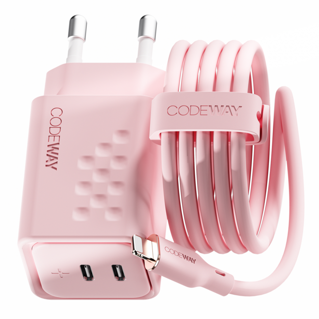 코드웨이 50W C타입 고속 충전기+ 아이폰 라이트닝 8핀 고속 충전케이블 2M, 멜로우 핑크, 1세트