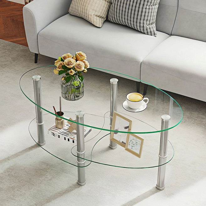 거실 인테리어 티테이블 예쁜 거실 3단 강화유리 타원형 테이블, 투명