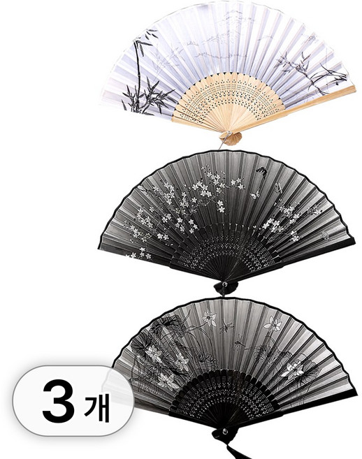 투데이리빙 3개 세트 전통 접이식 대나무 부채 휴대용 실크 손부채 외국인 선물 기념품, R98157Z(혼합색상, 3개입, 1세트