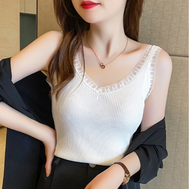 춘게엘 봄여름 이너 레이스 트리밍 브이넥 이너 여성 냉장고 니트 나시 dng093-860