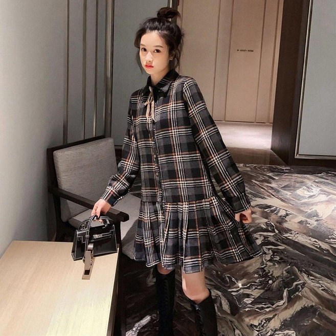 復古港風 格子襯衫連衣裙, 灰色,3XL 建議150-165, 灰色