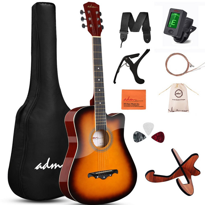 ADM 포크 기타 38인치 글로시 컷어웨이 스타터 세트 입문자용, 선버스트, 1개