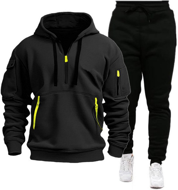 FANSYLI 가을 겨울 트레이닝 맨투맨 세트 남성 포켓 집업 후드티+조거 트레이닝 팬츠 투피스 패션 트레이닝복 상하세트 W2410O20