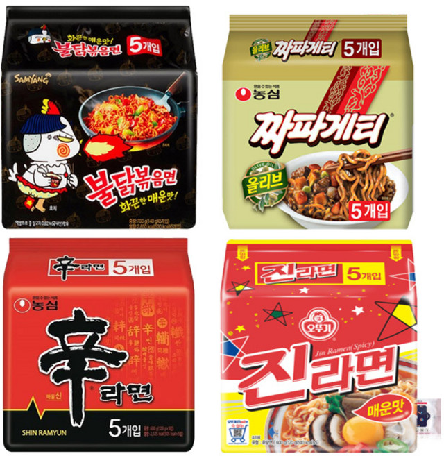 농심 오뚜기 삼양 봉지라면 4종 (불닭볶음 5입 + 짜파게티 5입 + 신라면 5입 + 진라면 매운맛 5입) + 블루존물티슈, 1개